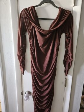 SHEIN Long Sleeve Draped Off The Shoulder Ruched  Maternity Dress in Brown 2XL